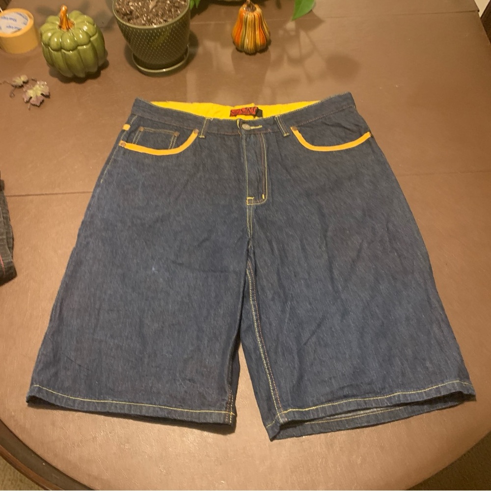 YMC Denim Shorts Mens 40x12 Blue Wide Leg Baggy Hip Hop Skater Rave Embroidered